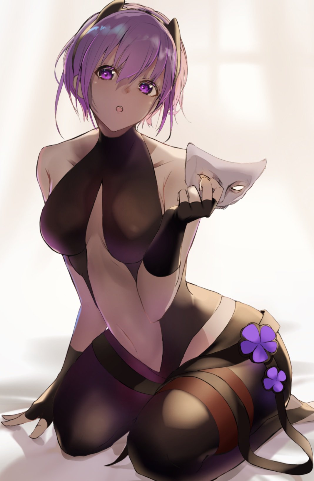 1girl, :o, bodysuit, breasts, fate/grand_order, fate_(series), fingerless_gloves, flower, gloves, hair_between_eyes, hassan_of_serenity_(fate), highres, kinoruru_toiro, kneeling, mask, mask_removed, medium_breasts, navel, purple_hair, solo, violet_eyes