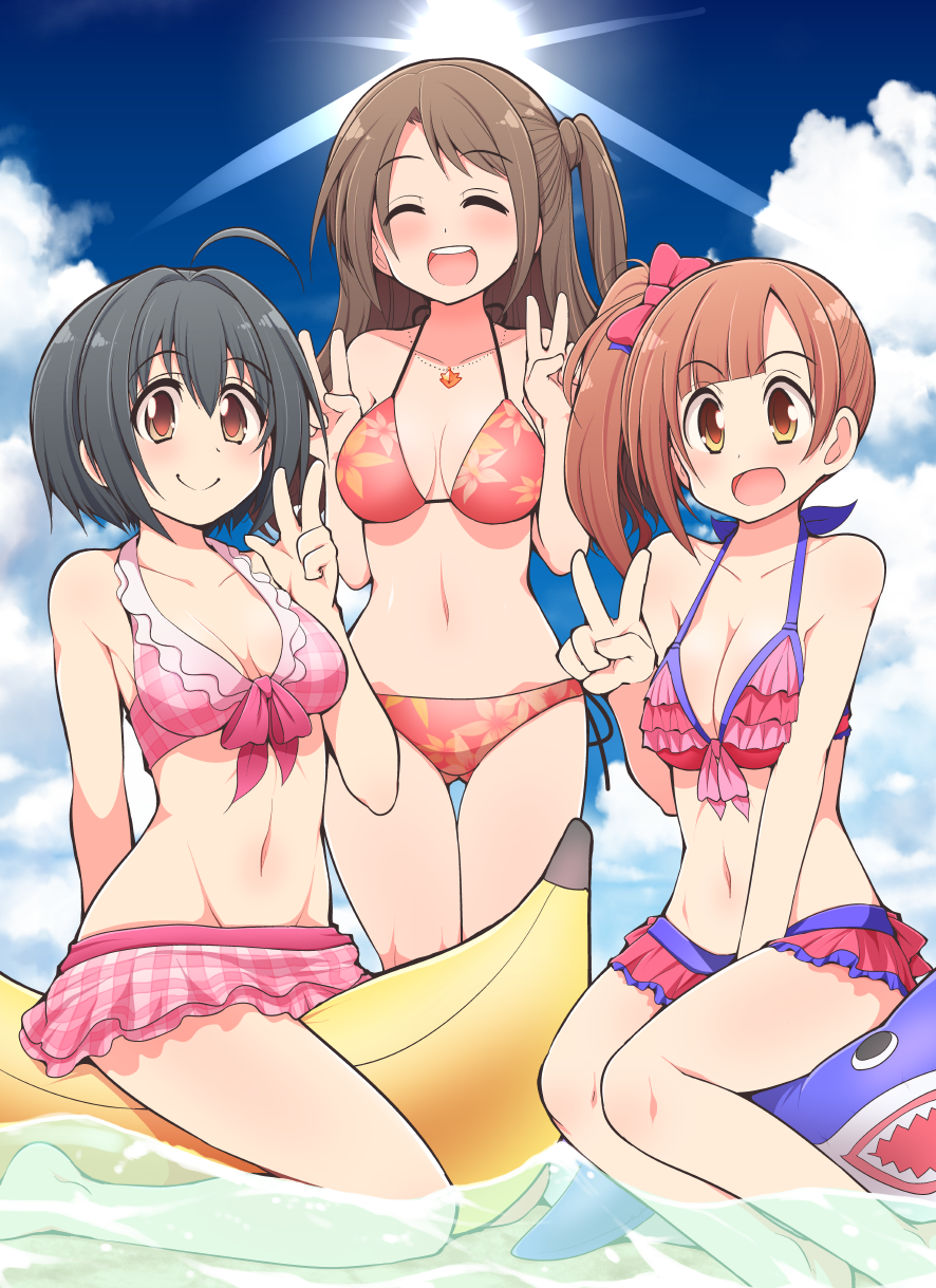3girls, :d, ^_^, ahoge, ass, bangs, bare_shoulders, beach