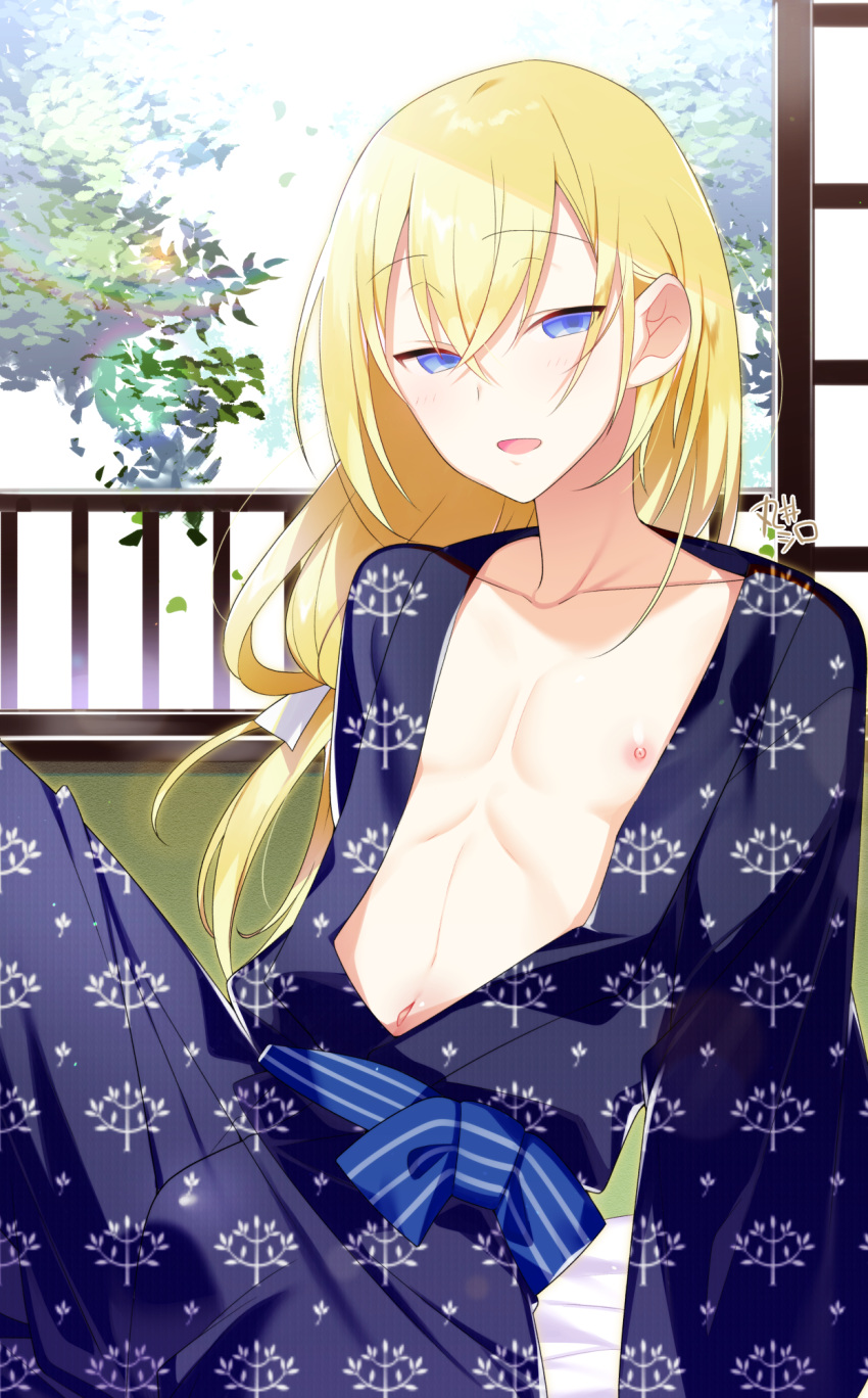 1boy, abs, akemaru, bishounen, blonde_hair, blue_eyes, blush, highres