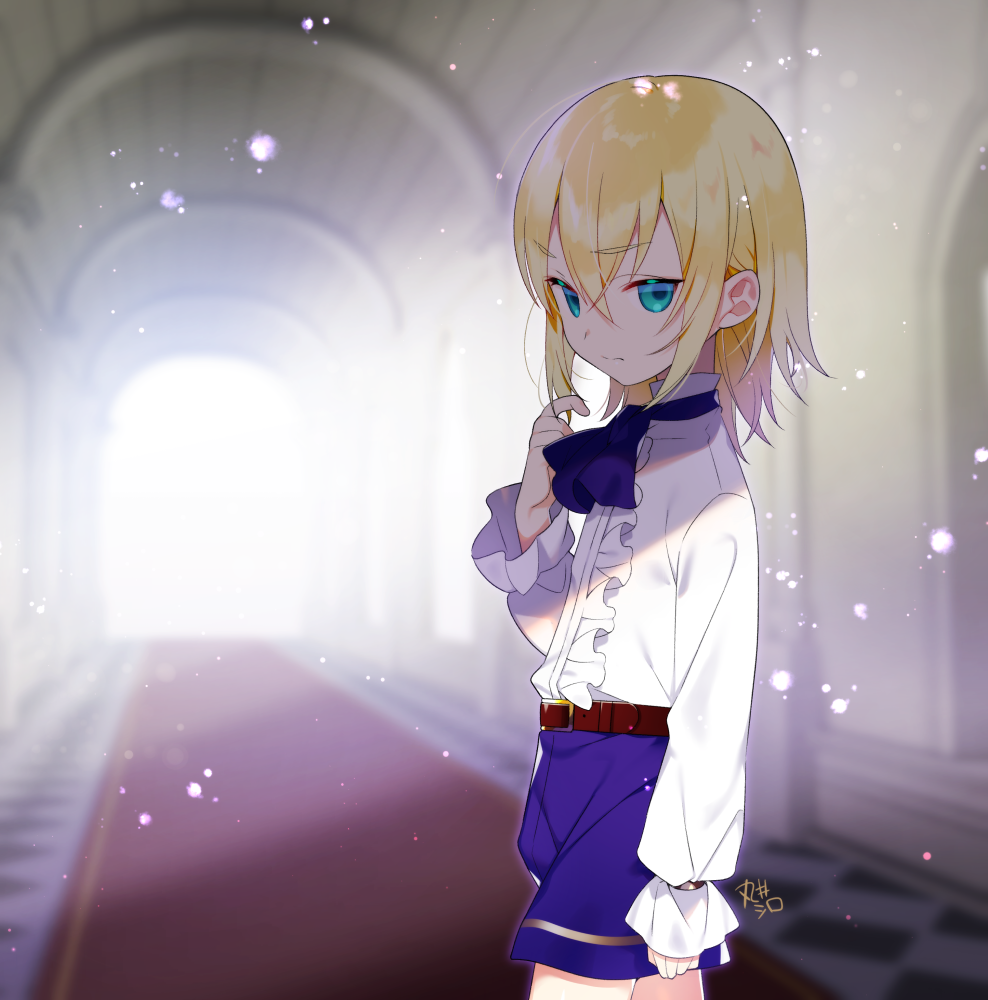 1boy, akemaru, aqua_eyes, belt, blonde_hair, blue_eyes, cravat, frilled_shirt