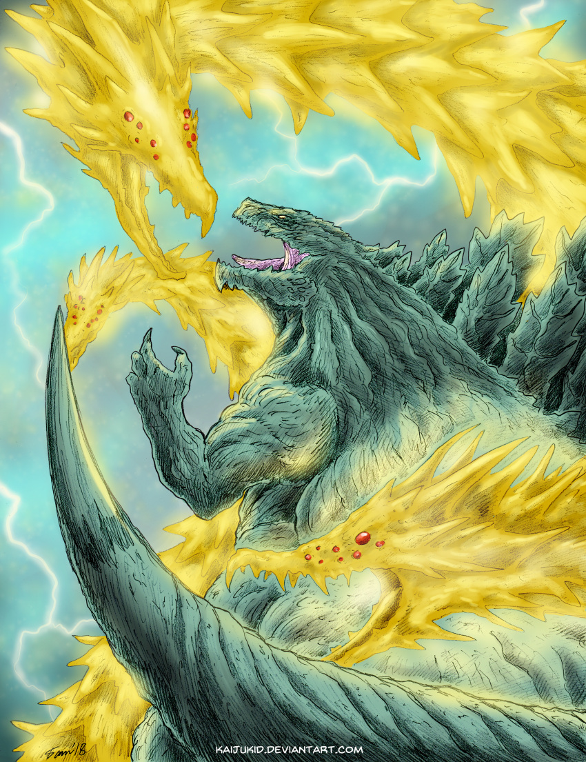 absurdres, claws, deviantart_username, dragon, extra_eyes, ghidorah_(godzilla:_the_planet_eater), glowing, glowing_eyes
