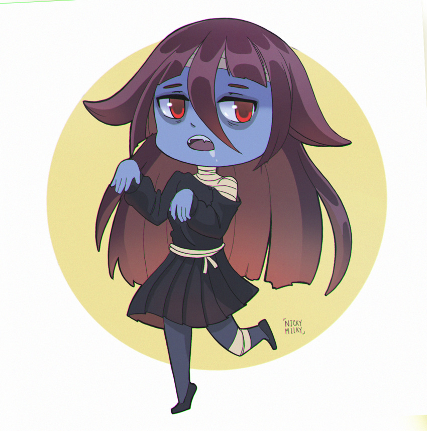 1girl, bandage, black_hair, dress, hair_between_eyes, highres, long_hair, nickymilky, off_shoulder, open_mouth, outstretched_arms, pleated_dress, red_eyes, signature, solo, yamada_tae, zombie, zombie_land_saga, zombie_pose