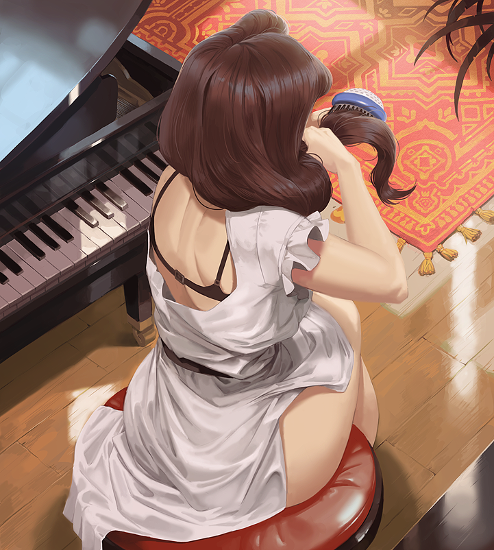 1girl, back, bare_legs, black_bra, bra, bra_strap, brown_hair, carpet