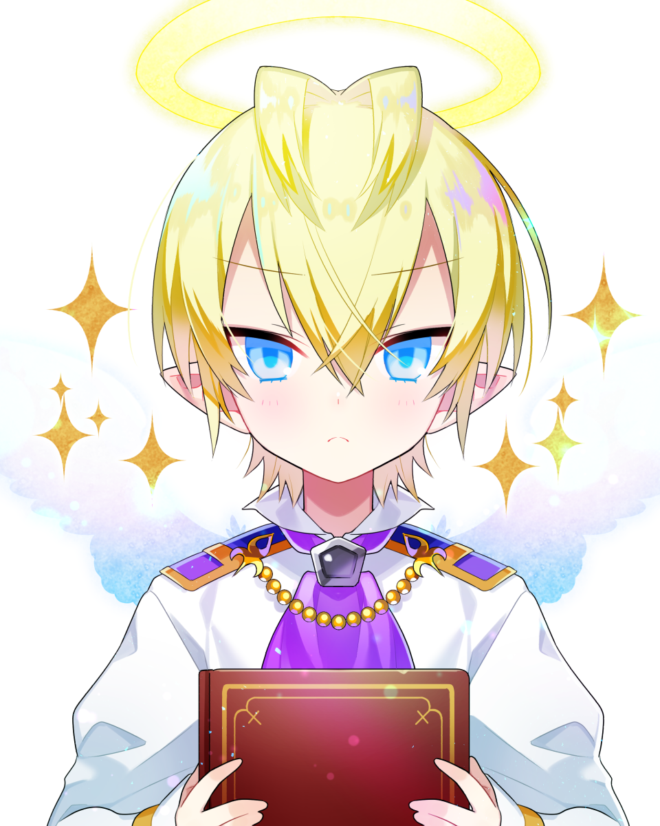 1boy, :<, akemaru, antenna_hair, blonde_hair, blue_eyes, book, fantasy