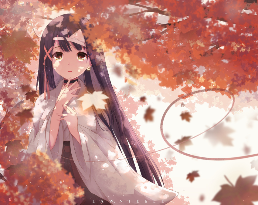 1girl, absurdres, artist_name, autumn_leaves, black_choker, blurry, blurry_foreground, brown_eyes