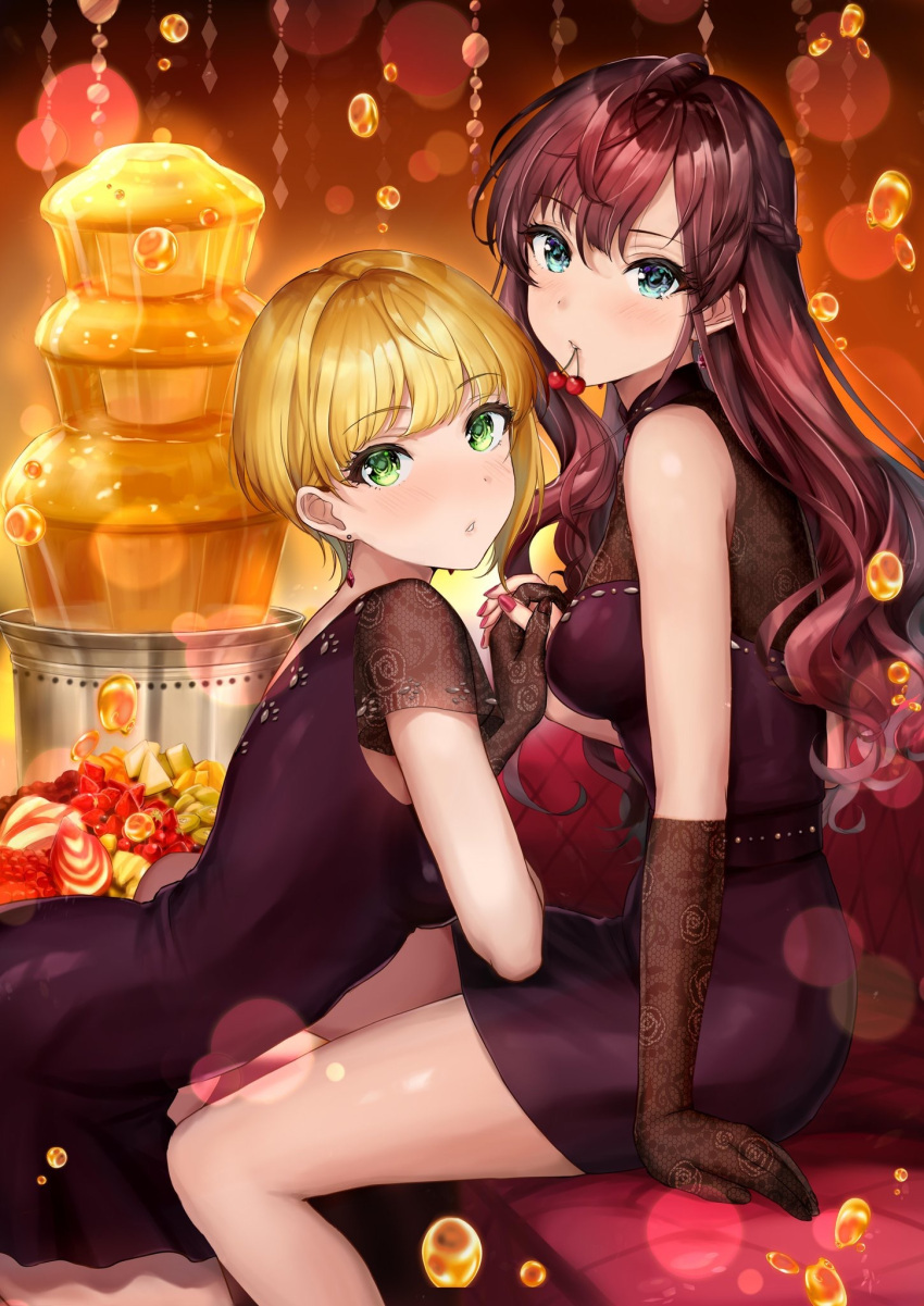 2girls, ahoge, bangs, bare_shoulders, blonde_hair, blue_eyes, blush, braid