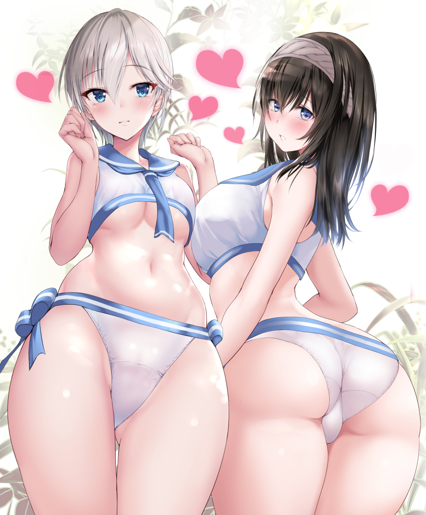 2girls, anastasia_(idolmaster), ass, back, bangs, bare_shoulders, black_hair, blue_eyes