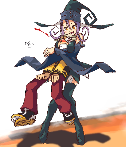 blair, boots, hat, hug, long_sleeves, lowres, overpowering, soul_eater, soul_eater_(character), thigh-highs, thigh_boots, thighhighs, witch_hat