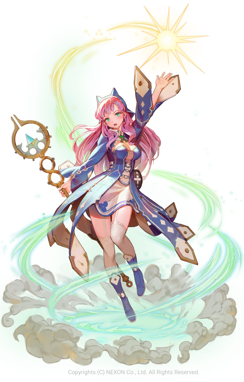 1girl, aqua_eyes, arm_up, bangs, blue_footwear, boots, breasts, character_request, cleavage, cleavage_cutout, copyright_request, english, floating, hair_ornament, hairclip, hat, highres, holding, holding_staff, long_hair, magic, medium_breasts, nexon, open_mouth, pink_hair, simple_background, solo, staff, thigh-highs, tim_loechner, white_background, white_legwear