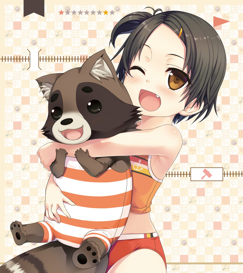 1girl, ;d, anchor_symbol, animal, animal_ear_fluff, animal_hug, bangs, bare_arms