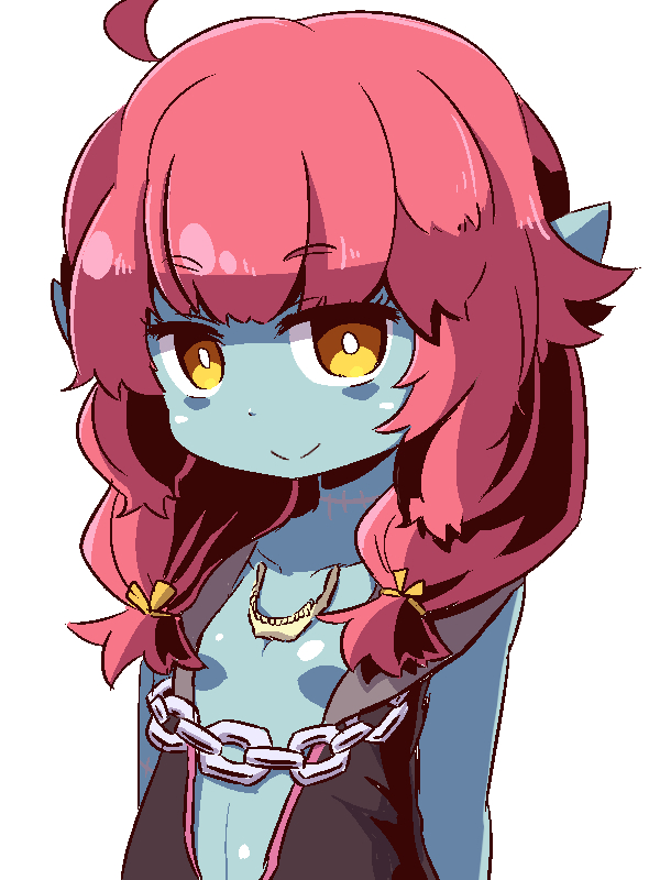 1girl, bangs, black_jacket, blue_skin, breasts, brown_eyes, chains, closed_mouth