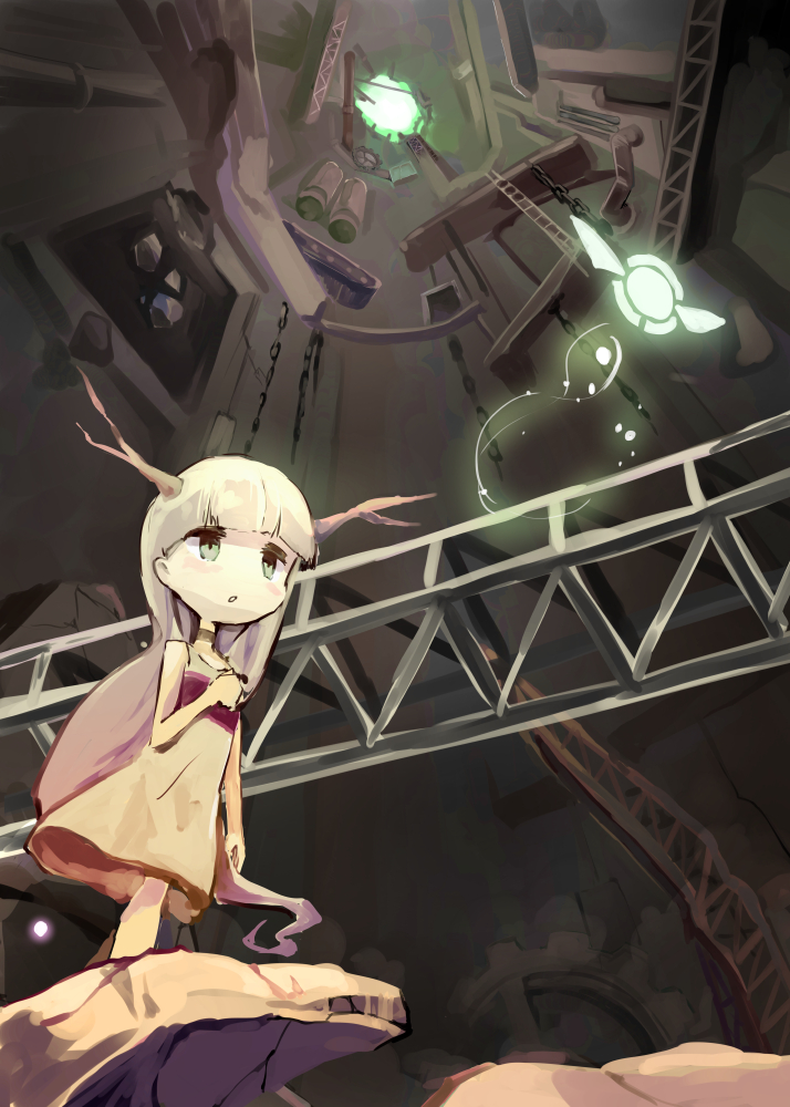 1girl, antlers, dress, glowing, green_eyes, horns, hotaru_(htol#niq), htol#niq:_hotaru_no_nikki, industrial, kuroneko_no_toorimichi, ladder, long_hair, mion_(htol#niq), open_mouth, ruins, sleeveless, sleeveless_dress, standing, very_long_hair, white_hair
