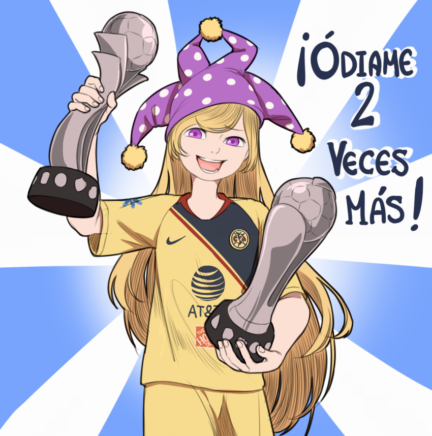 :d, alternate_costume, arm_up, ball, blonde_hair, clownpiece, club_america, commentary_request, cowboy_shot, eyebrows_visible_through_hair, globe, hat, jester_cap, logo, long_hair, looking_at_viewer, mefomefo, nike, open_mouth, polka_dot, pom_pom_(clothes), shirt, short_sleeves, shorts, smile, soccer_ball, soccer_uniform, spanish, spanish_commentary, sportswear, striped, touhou, translation_request, trophy, very_long_hair, violet_eyes, yellow_shirt, yellow_shorts