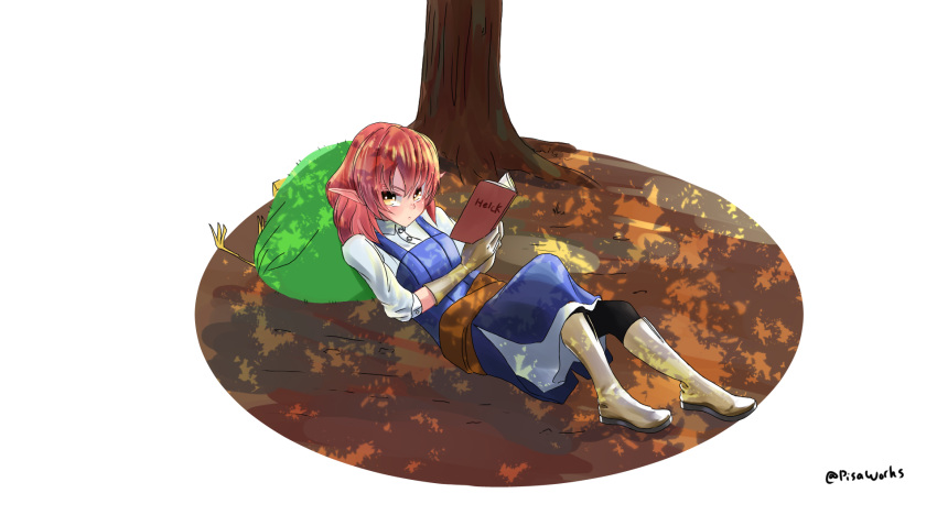 1girl, 1other, gloves, helck, highres, pisa_cake, piwi, pointy_ears, redhead, short_hair, signature, tree, vamirio