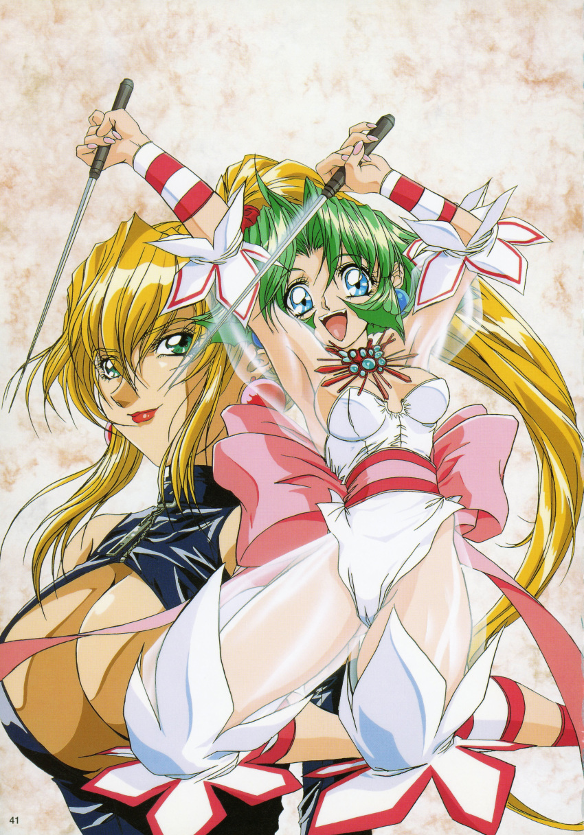 2girls, :d, absurdres, armpits, arms_up, back_bow, blonde_hair, bloomers