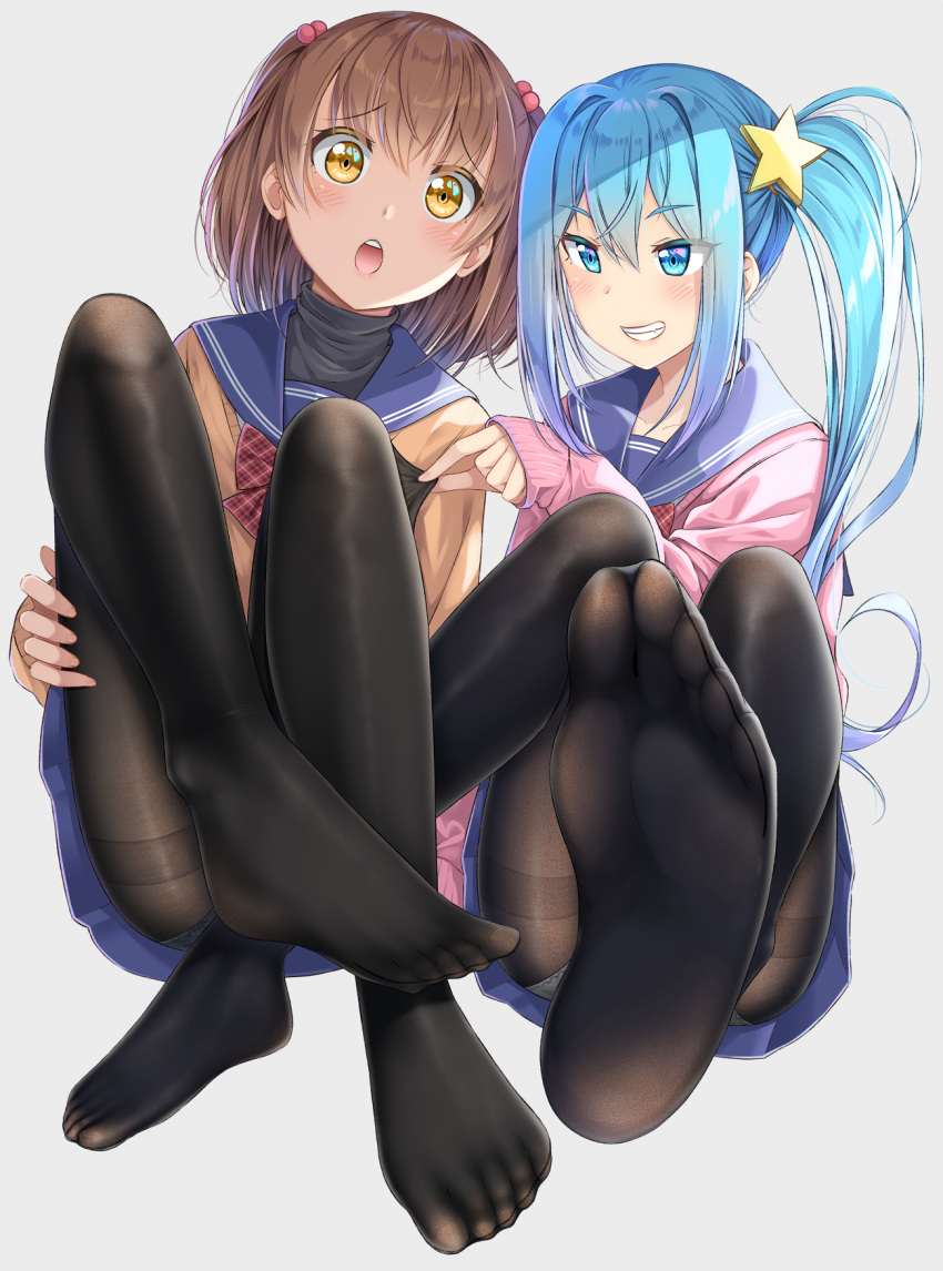 2girls, ashida_machi, ass, bangs, blue_eyes, blue_hair, blue_sailor_collar, blue_skirt
