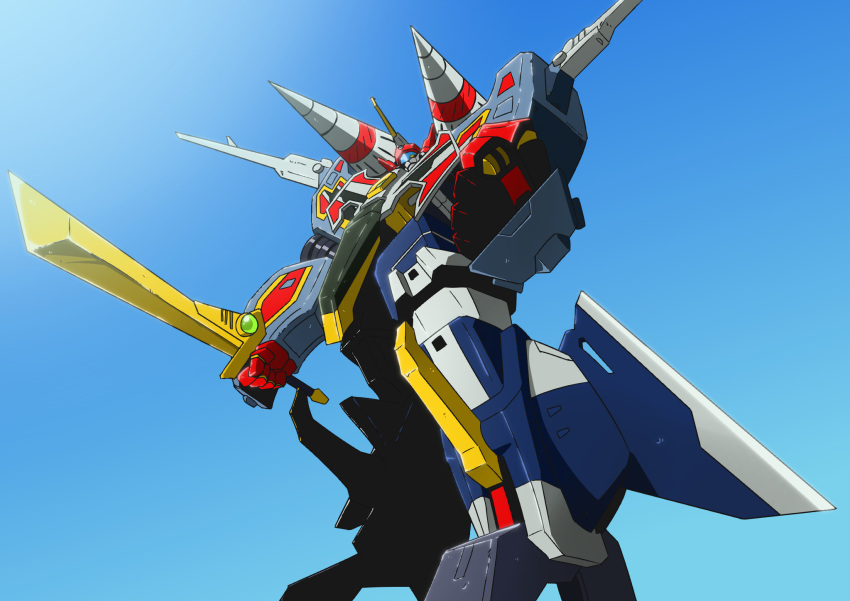 blue_background, drill, gicchon, glowing, glowing_eye, gridman_(ssss), helmet, highres, mecha, ssss.gridman, sword, tagme, visor, weapon, yellow_eyes