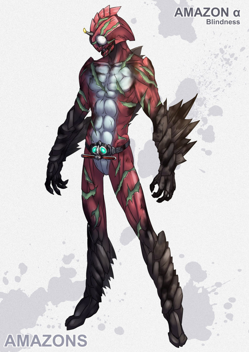 1boy, arm_blade, armor, belt, claws, compound_eyes, full_body, helmet
