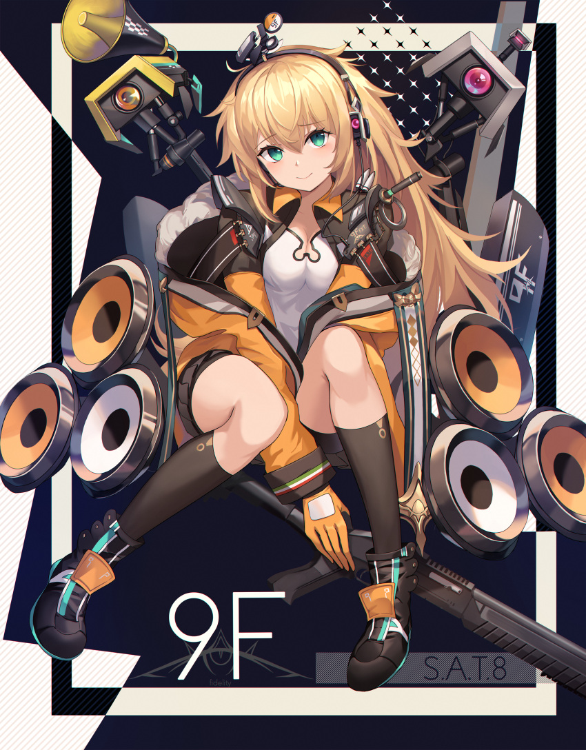 1girl, absurdres, bangs, between_legs, bike_shorts, black_footwear, black_legwear, blonde_hair, blush, boots, breasts, character_name, cleavage, coat, dinergate_(girls_frontline), dress, eruthika, eyebrows_visible_through_hair, fur-trimmed_coat, fur_trim, girls_frontline, gloves, green_eyes, gun, hair_between_eyes, hair_ornament, hairband, hand_between_legs, head_tilt, headset, highres, kneehighgs, long_hair, looking_at_viewer, messy_hair, open_clothes, open_coat, orange_coat, orange_hairband, ro635_(dinergate), s.a.t.8_(girls_frontline), s.a.t.8_(gun), shielf, shotgun, sidelocks, sitting, skirt, smile, solo, very_long_hair, weapon