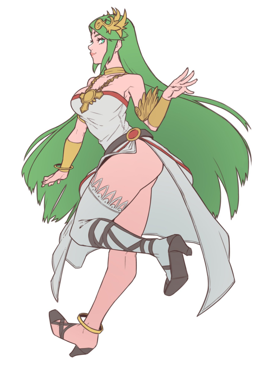1girl, bare_shoulders, breasts, drawing, dress, full_body, green_eyes, green_hair, highres, jewelry, kevvv, kid_icarus, large_breasts, long_hair, looking_at_viewer, nintendo, palutena, simple_background, single_thighhigh, smile, solo, super_smash_bros., super_smash_bros._ultimate, thigh-highs, tiara, very_long_hair, white_background