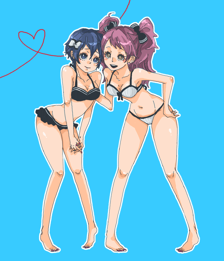 bikini, blue_eyes, blue_hair, hair_ribbon, hair_ribbons, kujikawa_rise, persona, persona_4, pink_hair, reverse_trap, ribbon, ribbons, shirogane_naoto, short_hair, smile, swimsuit, ten, ten_(ch), twintails