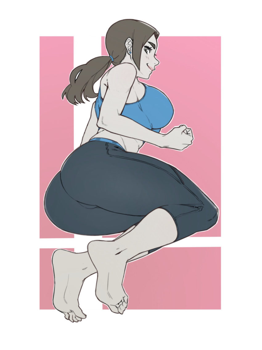 1girl, ass, barefoot, black_hair, capri_pants, grey_eyes, highres, kevvv