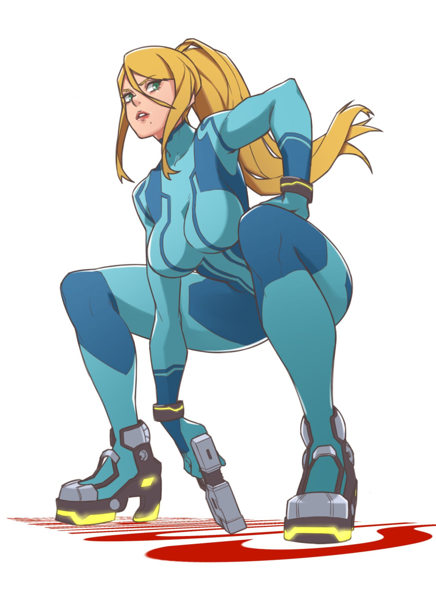1girl, ass, blonde_hair, blue_bodysuit, blue_eyes, bodysuit, breasts, gun, high_ponytail, highres, impossible_bodysuit, impossible_clothes, kevvv, large_breasts, long_hair, looking_at_viewer, metroid, mole, mole_under_mouth, nintendo, ponytail, samus_aran, shiny, shiny_clothes, simple_background, skin_tight, solo, super_smash_bros., super_smash_bros._ultimate, weapon, zero_suit