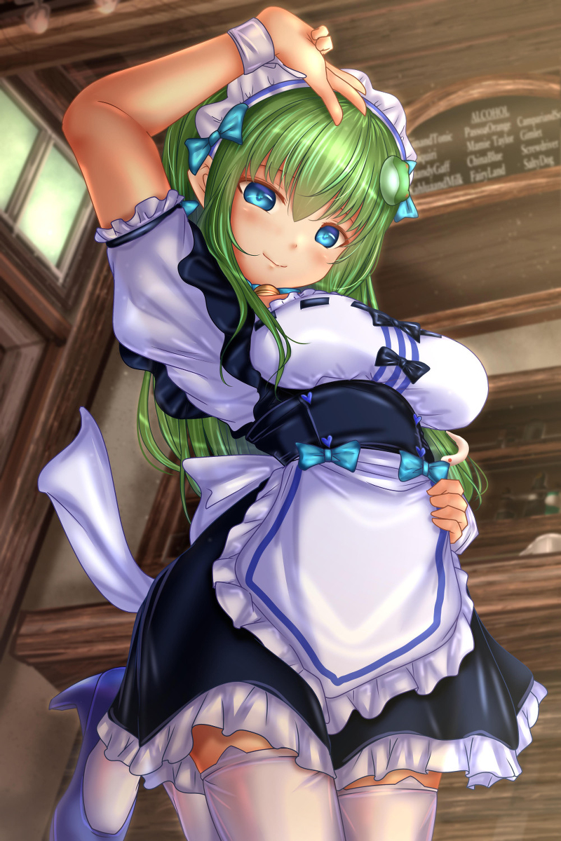 1girl, apron, bar, black_skirt, blue_eyes, blue_shoes, blush, bow_tie