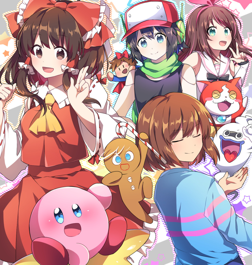 >_<, 1boy, 1other, 3girls, :d, a.i._channel, android, ascot