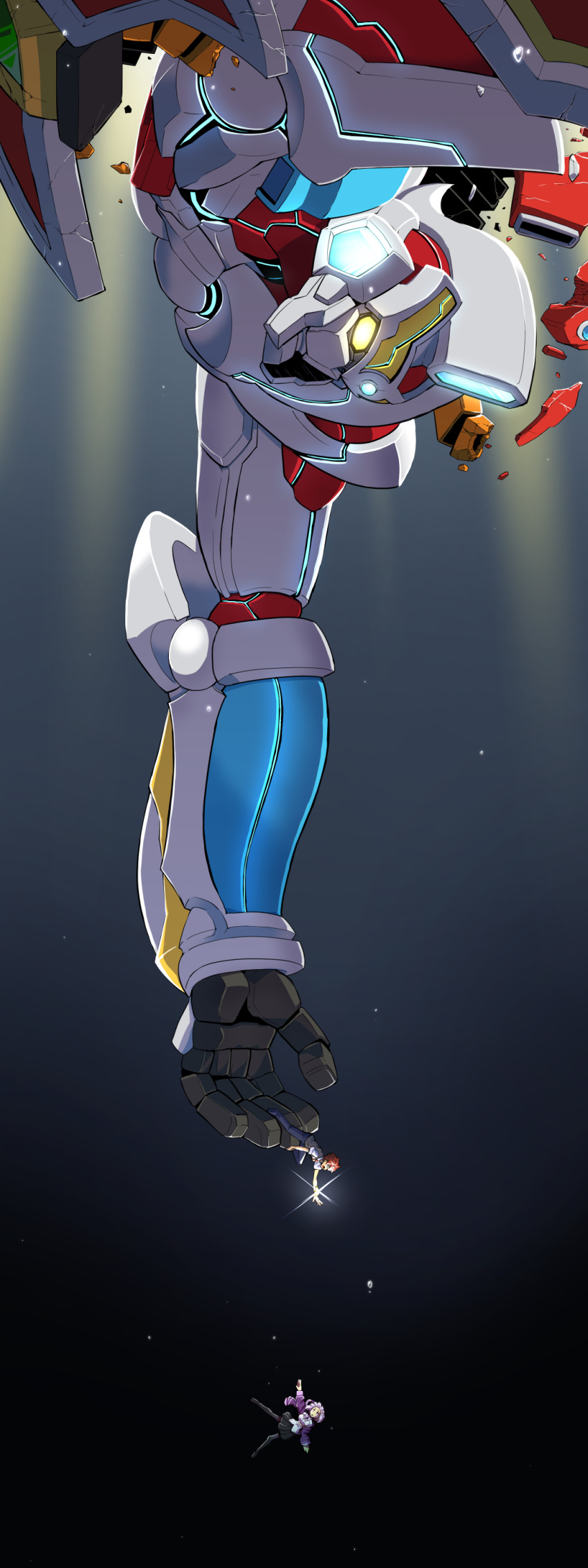 1girl, 2boys, absurdres, ao-yume, armor, broken_armor, bubble, falling
