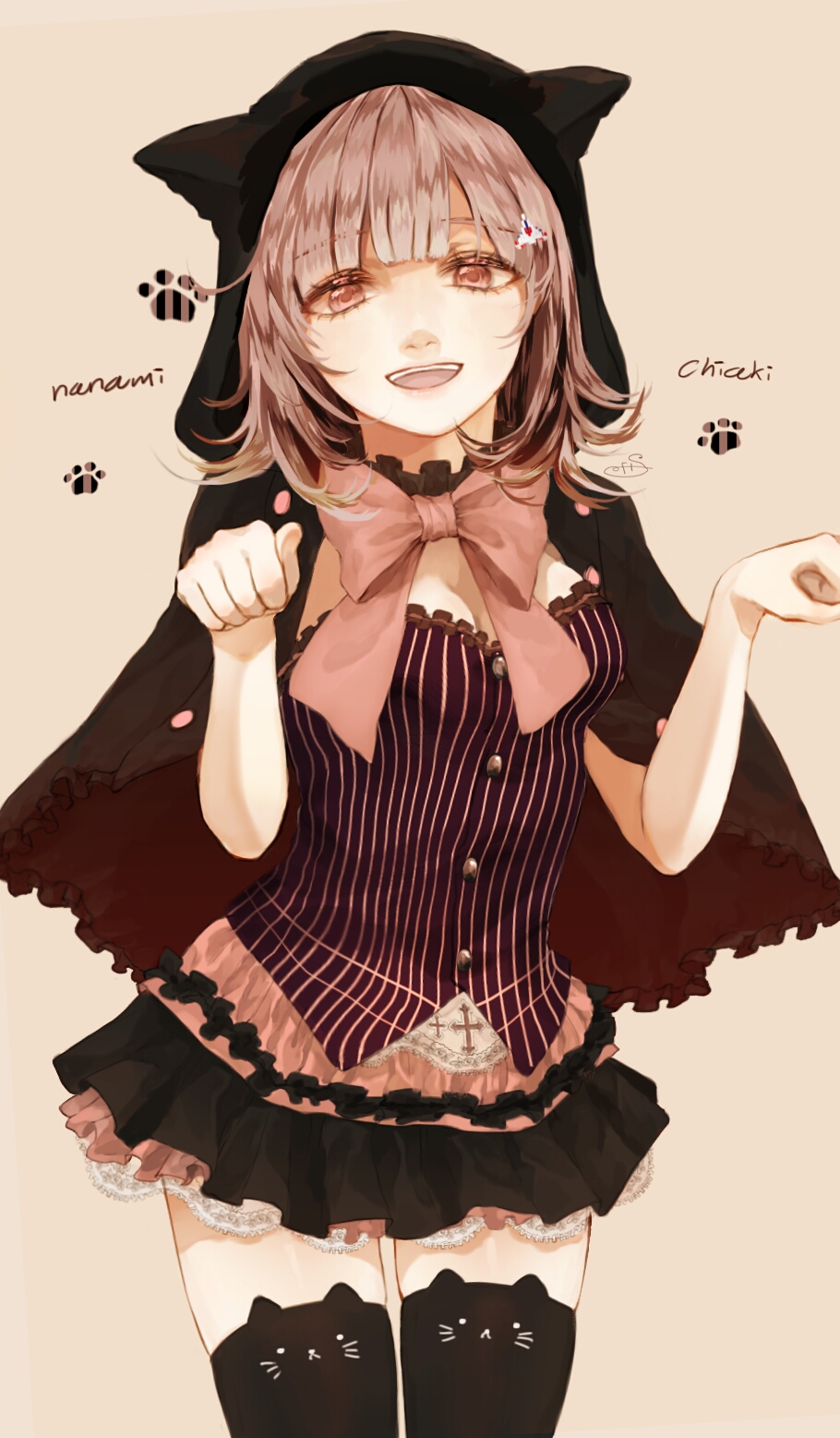animal_ears, animal_print, arms_up, artist_name, beige_background, beige_skirt, black_skirt, breasts