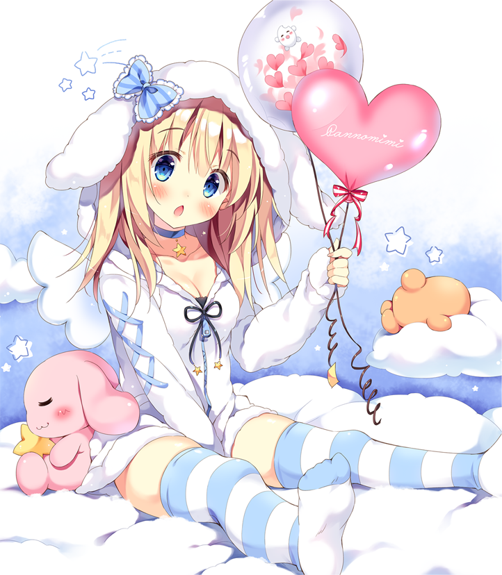 1girl, :o, angel_wings, animal_hood, bangs, between_legs, blonde_hair, blue_bow