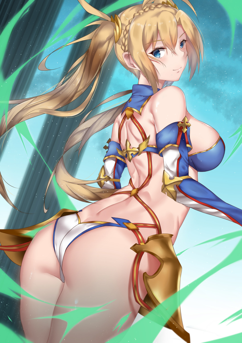1girl, absurdres, ass, bangs, bare_shoulders, bikini, blonde_hair, blue_eyes
