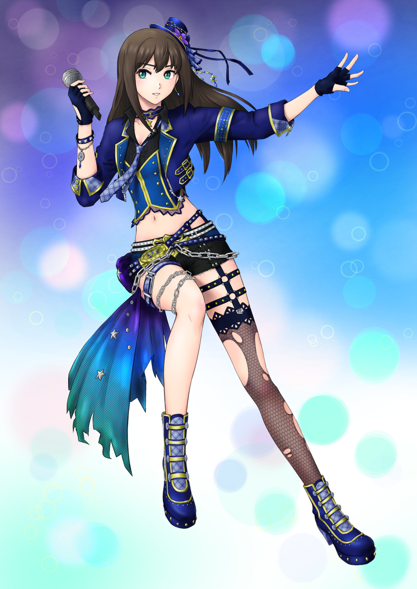 1girl, asymmetrical_legwear, belt, black_shorts, blue_footwear, blue_gloves, blue_hat, blue_jacket