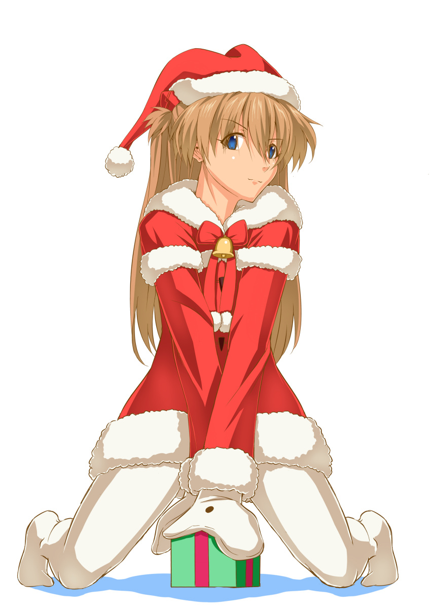 1girl, absurdres, bell, blue_eyes, box, brown_hair, dress, eyebrows_visible_through_hair
