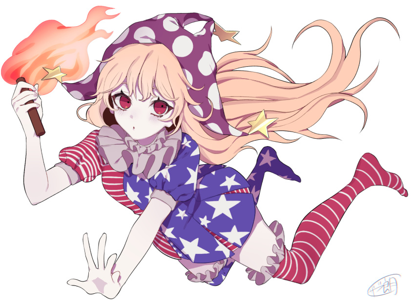 1girl, :o, alternate_legwear, american_flag_dress, american_flag_legwear, bangs, blonde_hair, blush, braid, clownpiece, dress, fire, floating_hair, frilled_legwear, full_body, hat, holding, jester_cap, long_hair, looking_at_viewer, neck_ruff, no_shoes, no_wings, polka_dot, purple_hat, red_eyes, short_dress, short_sleeves, simple_background, single_braid, solo, star, star_print, striped, thigh-highs, torch, touhou, white_background, zabu_rou