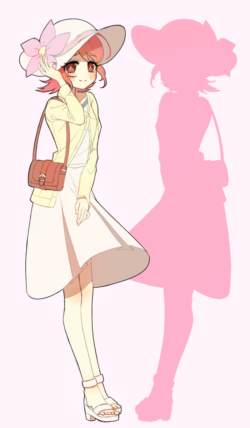 1girl, alternate_costume, bag, blush, brown_eyes, dress, eyebrows_visible_through_hair, flower