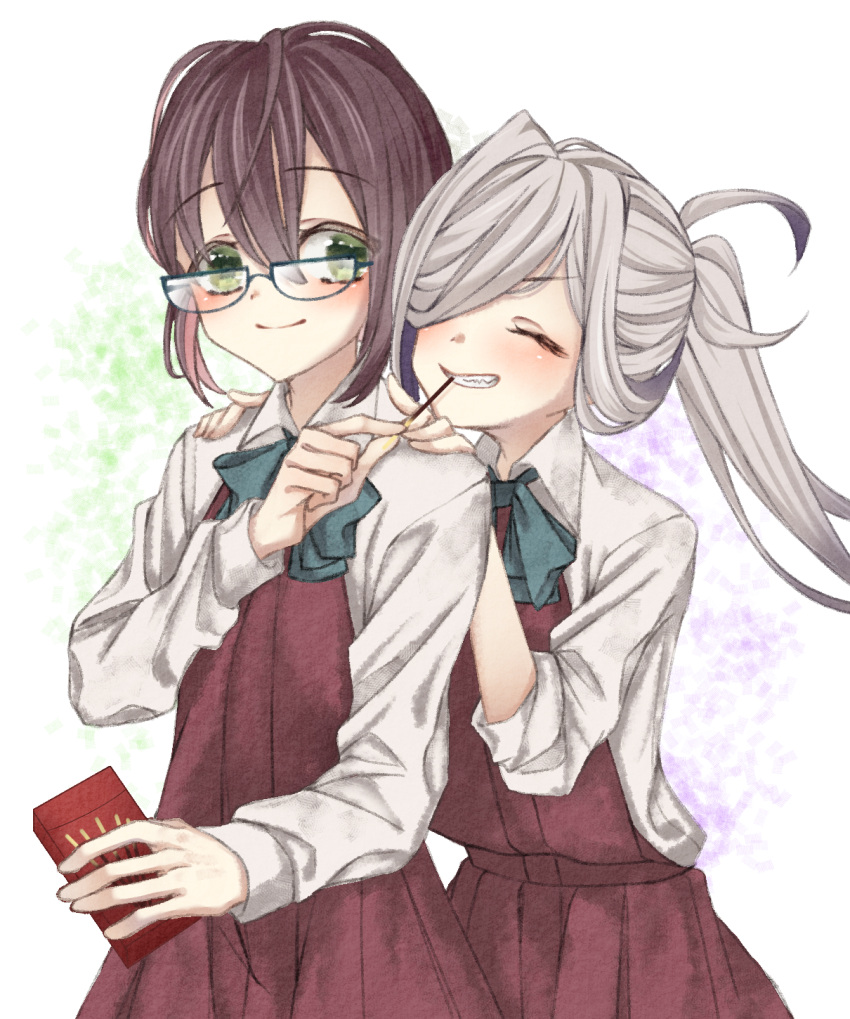 2girls, ahoge, amane_(axmaxne), asashimo_(kantai_collection), blue-framed_eyewear, blue_bow, blue_neckwear, bow