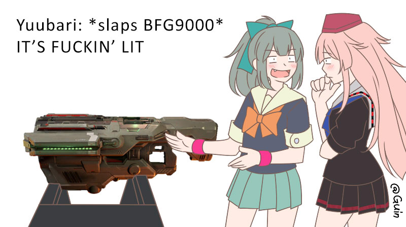2girls, bfg_9000, crossover, doom_(game), english, fang, girls_frontline, green_hair, guin_guin, hair_ribbon, hat, kantai_collection, long_hair, meme, multiple_girls, ntw-20_(girls_frontline), pink_hair, profanity, ribbon, signature, skirt, stand, uniform, wristband, yuubari_(kantai_collection)