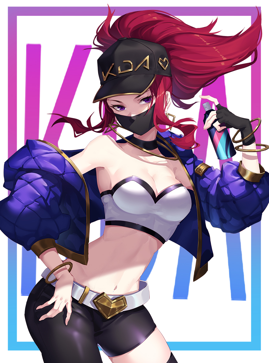 1girl, akali, asymmetrical_legwear, bangle, bare_shoulders, baseball_cap, belt, bracelet
