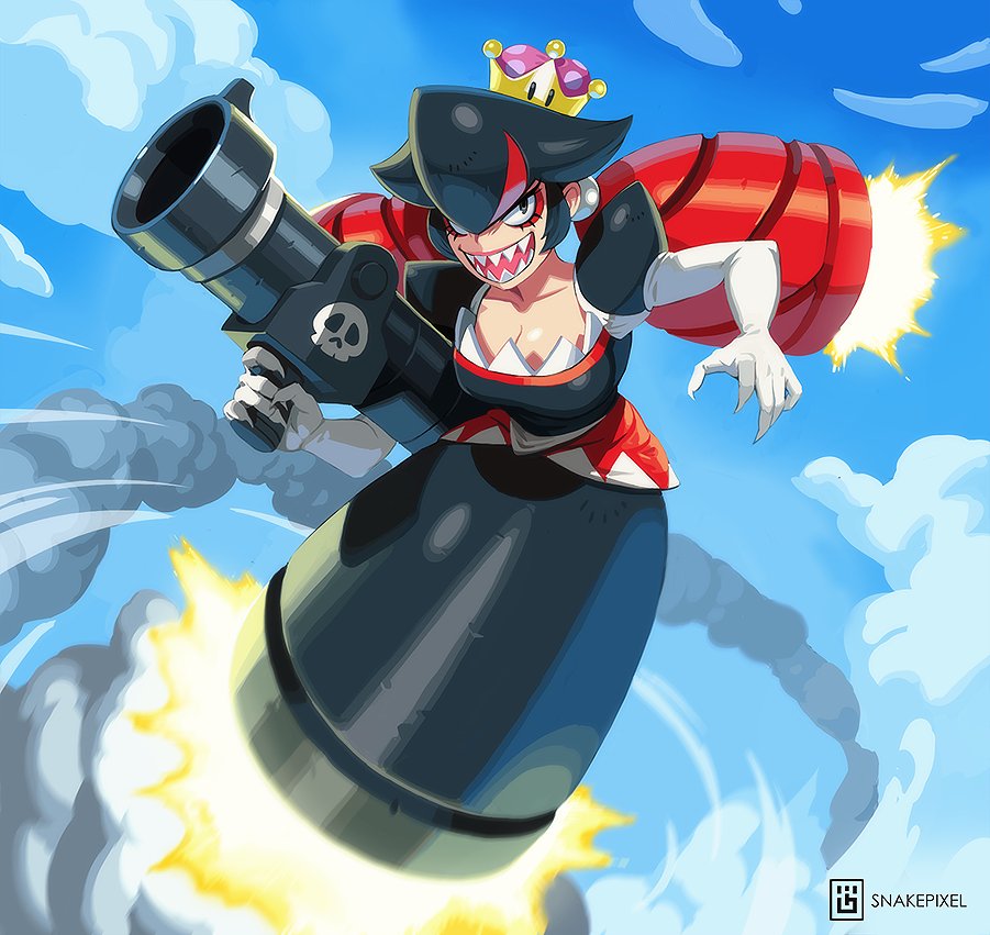 1girl, bags_under_eyes, black_dress, black_eyes, black_hair, breasts, bullet_bill, cleavage