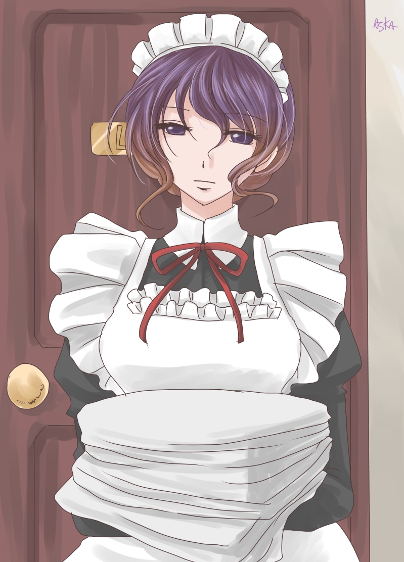 1girl, apron, aska-k, bow, bowtie, breasts, dress, expressionless