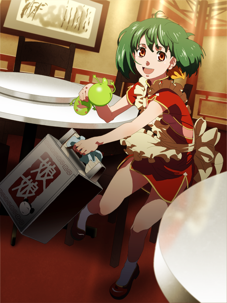 baro, china_dress, chinadress, chinese_clothes, green_hair, hair_ribbon, happy, macross
