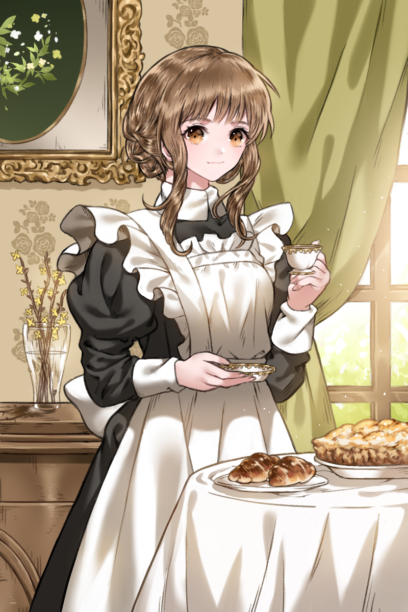 1girl, apron, apron_dress, cup, dress, highres, holding, holding_cup, juliet_sleeves, long_dress, long_sleeves, maid, maid_apron, original, pinafore_dress, puffy_sleeves, sleep_blue, smile, victorian, victorian_maid, window