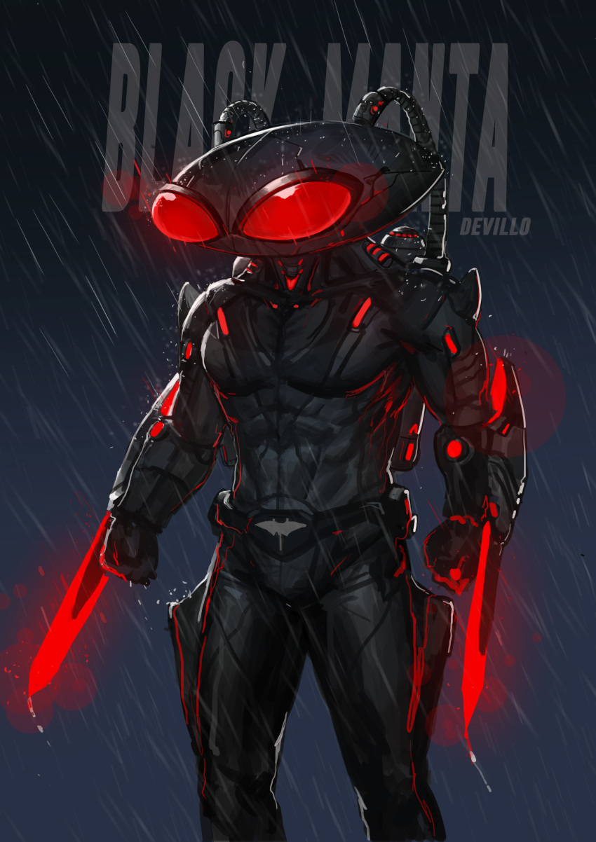 1boy, abs, absurdres, artist_name, belt, black_manta, bodysuit, cable, character_name, dc_comics, devil_lo, gloves, glowing, glowing_eyes, helmet, highres, male_focus, rain, red_eyes, solo, sword, weapon