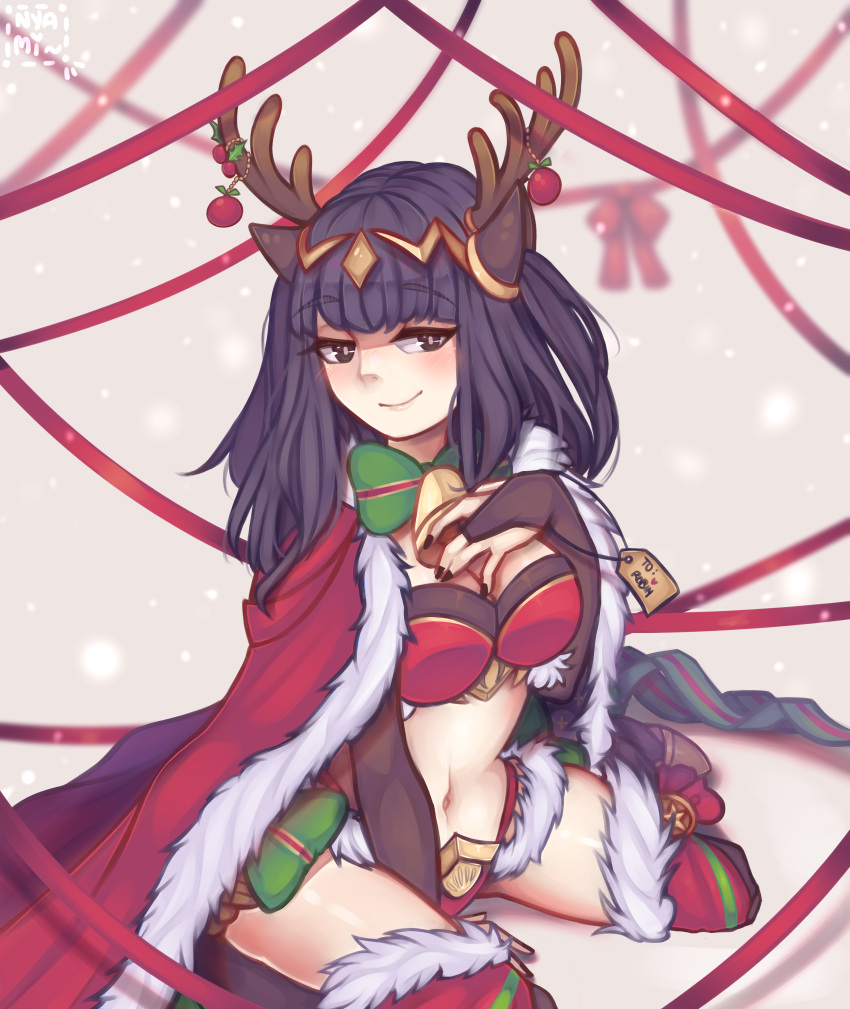 1girl, absurdres, alternate_costume, artist_logo, bikini, black_hair, breasts, brown_eyes, cape, christmas, cleavage, fire_emblem, fire_emblem:_kakusei, fire_emblem_heroes, highres, long_hair, looking_at_viewer, medium_breasts, merry_christmas, navel, nintendo, nyamuh, signature, sitting, smile, solo, swimsuit, tharja, thigh-highs, tiara