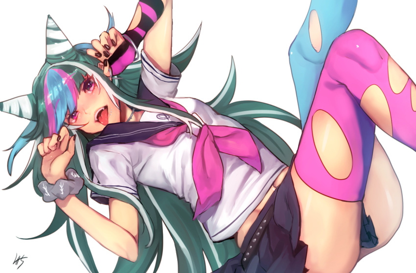 1girl, ass, belt, black_belt, black_hair, black_nails, blue_hair, blue_legwear
