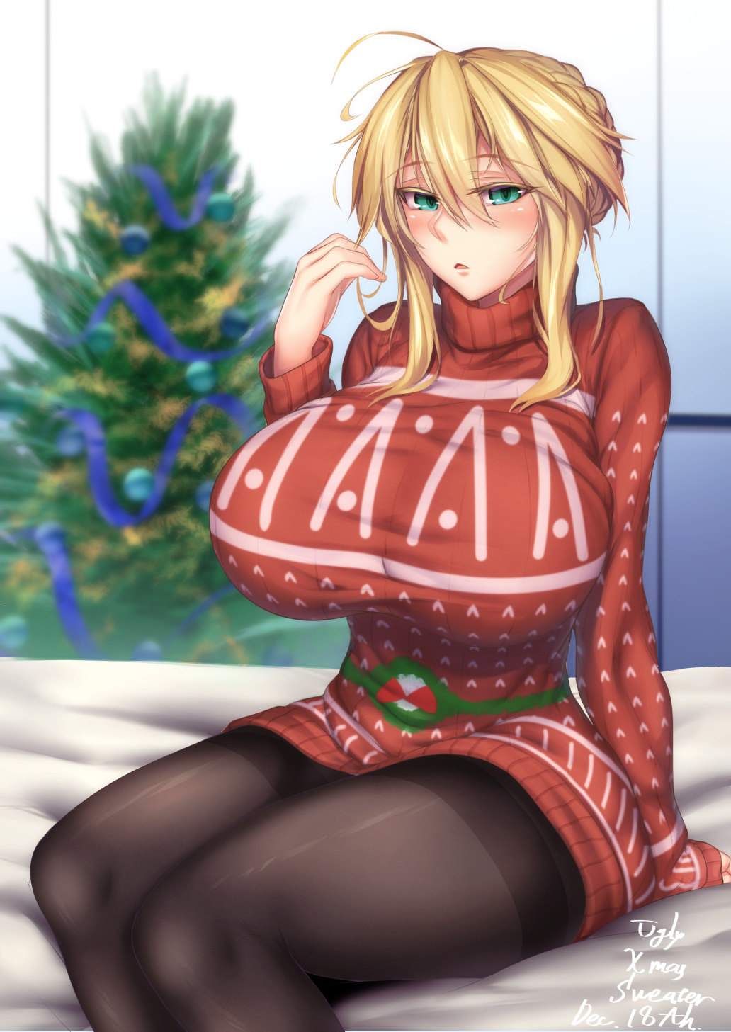 1girl, ahoge, aqua_eyes, artoria_pendragon_(all), artoria_pendragon_(lancer), bangs, black_legwear, blonde_hair