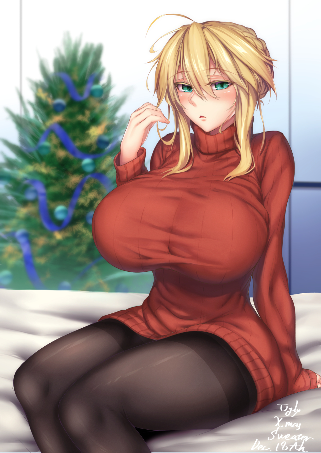 2girls, ahoge, aqua_eyes, artoria_pendragon_(all), artoria_pendragon_(lancer), bangs, black_legwear, blonde_hair, blurry, blurry_background, blush, braid, breasts, christmas, christmas_sweater, christmas_tree, commentary_request, crown_braid, curvy, dated, december, depth_of_field, dress, english, eyebrows_visible_through_hair, fate_(series), green_eyes, hair_between_eyes, hair_tousle, highres, hirasawa_seiji, huge_breasts, indoors, looking_at_viewer, multiple_girls, pantyhose, red_sweater, ribbed_sweater, sidelocks, sitting, sleeves_past_wrists, solo, sweater, sweater_dress, thick_thighs, thighband_pantyhose, thighs, turtleneck, turtleneck_sweater