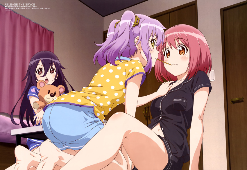 3girls, :o, absurdres, arm_support, ass, awestruck, bare_legs, barefoot